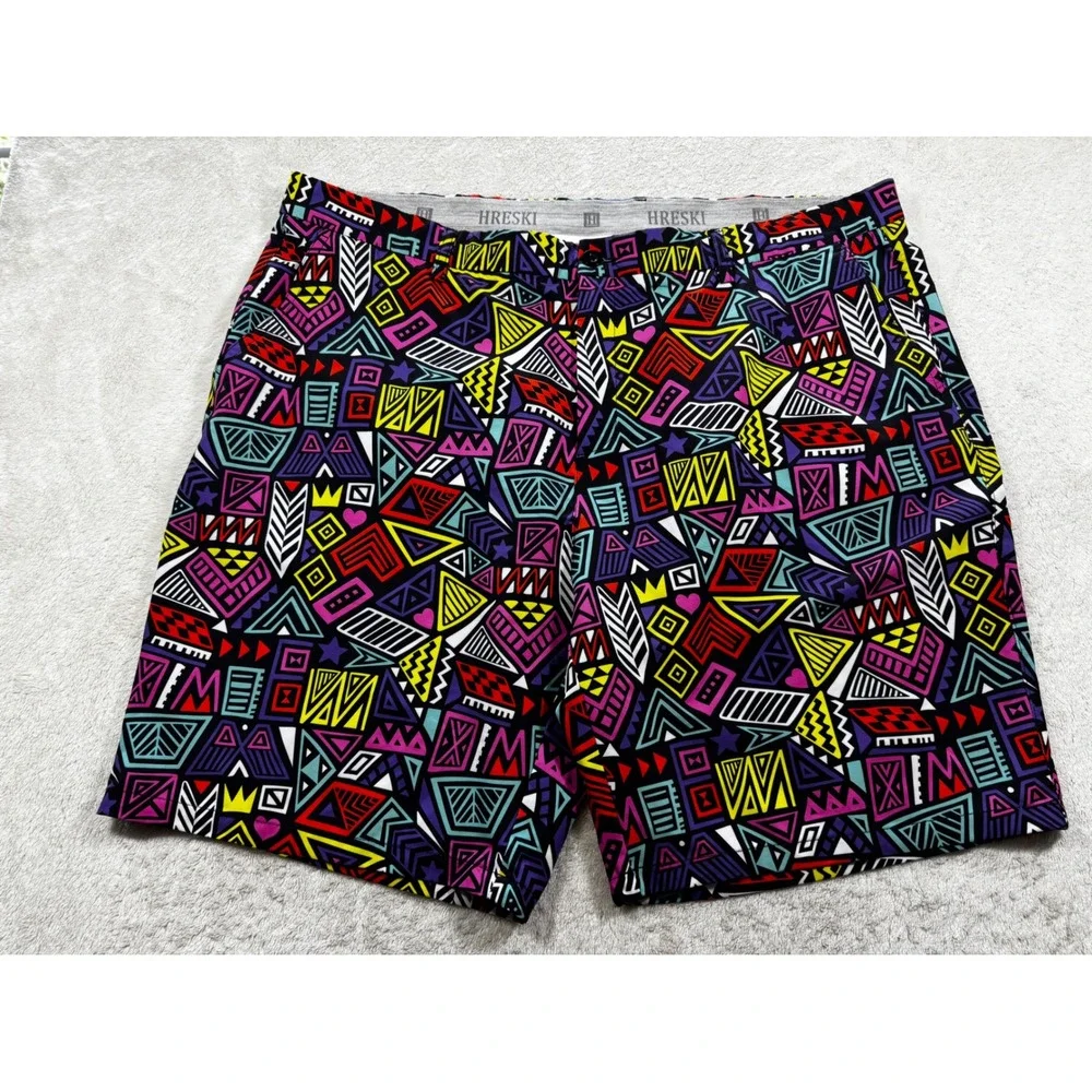 Hreski Mens Geometric Print Colorful Golf Flat Front Shorts 44 Meas: 43x8.5‎